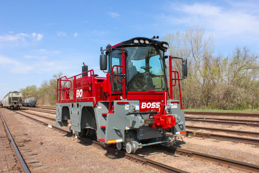 BOSS mobile railcar mover performing on-site railcar switching in an industrial yard