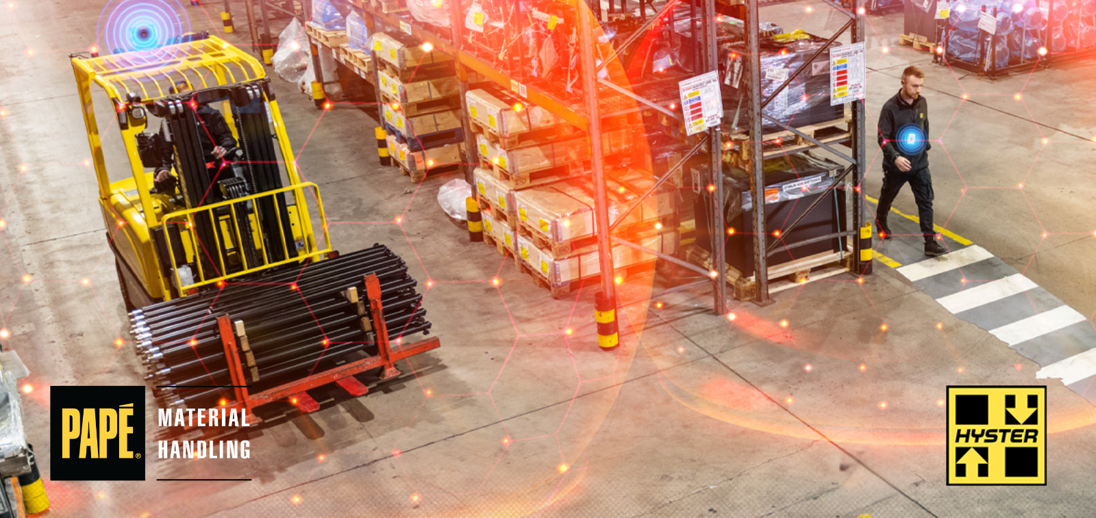 Forklift operating in a modern warehouse using technology to improve safety visibility and productivity